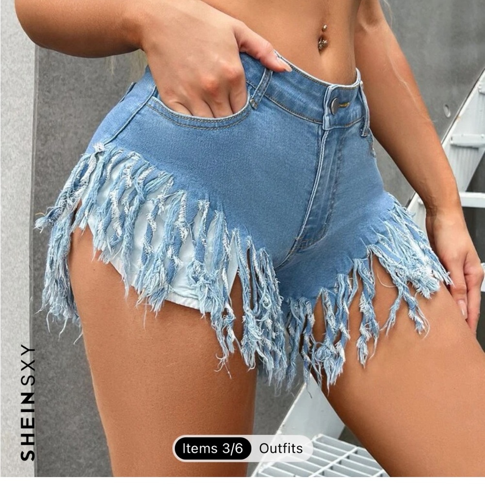 SHEIN sexy fringe trim slant pocket denim shorts